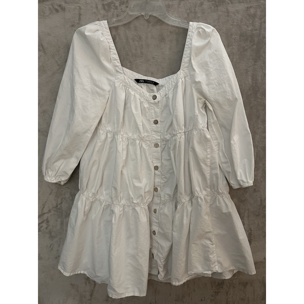 Zara Dress Womens Size XS White 3/4 Sleeves Tiered Baby Doll Boho Mini